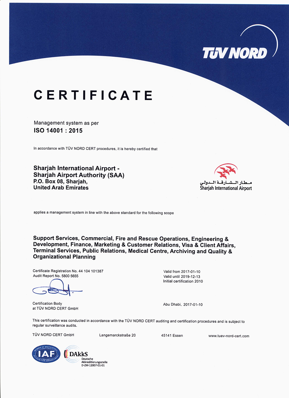 iso certification sharjah airport